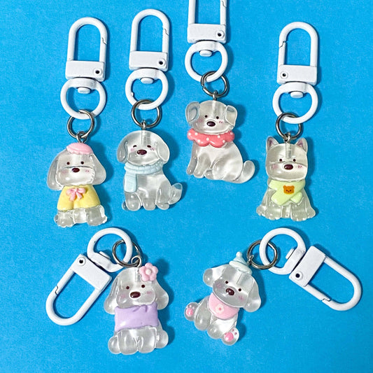 white pup puppy dog dogs puppies resin clear clip clips metal bag charm charms keyring keyrings key ring rings uk cute kawaii stationery gift gifts shop store present stocking fillers 