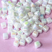 small cube cubes square white bead beads mini 7mm 8mm iridescent ab aurora borealis pearl pearly pearlescent uk cute kawaii craft supplies shop store jewellery making findings pretty pack of shimmery