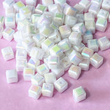 small cube cubes square white bead beads mini 7mm 8mm iridescent ab aurora borealis pearl pearly pearlescent uk cute kawaii craft supplies shop store jewellery making findings pretty pack of shimmery