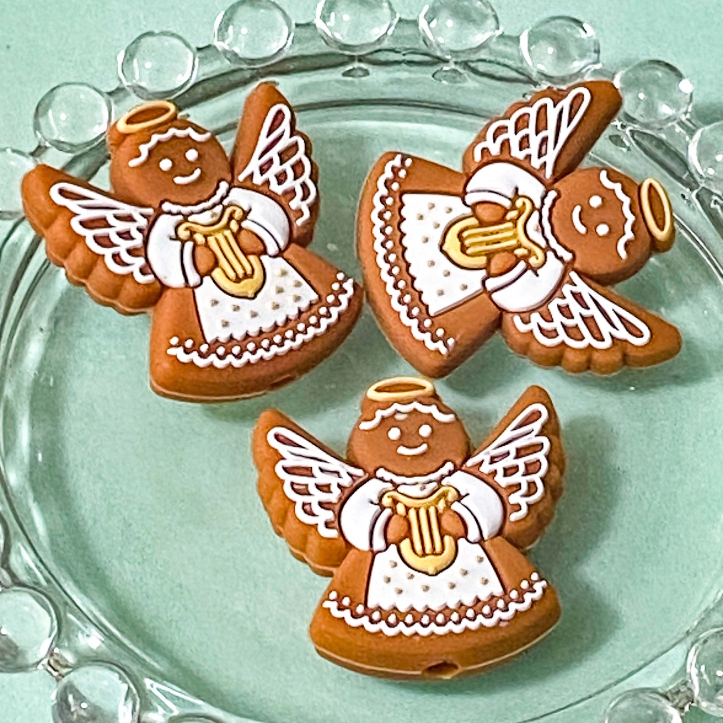 silicone bead beads large jumbo big chunky christmas festive brown cookie gingerbread angel angels biscuit pattern patterned 15mm round white gold pearl pearly metallic uk cute kawaii craft supplies  shop store build your own beaded pen pens jewellery making