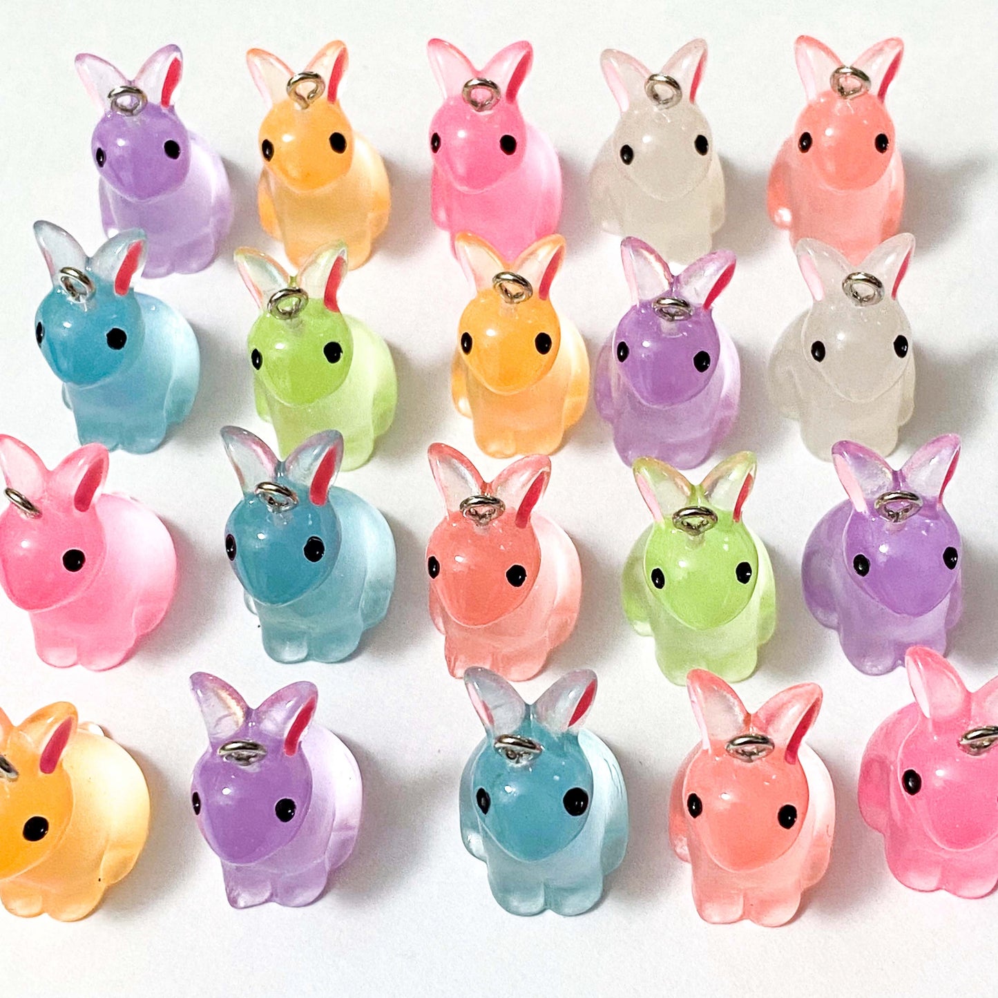 bunny rabbit rabbits bunnies resin 3d charm charms pendant pendants uk cute kawaii glow in the dark luminous pink blue yellow green clear white turquoise lilac peach orange pretty jewellery making supplies