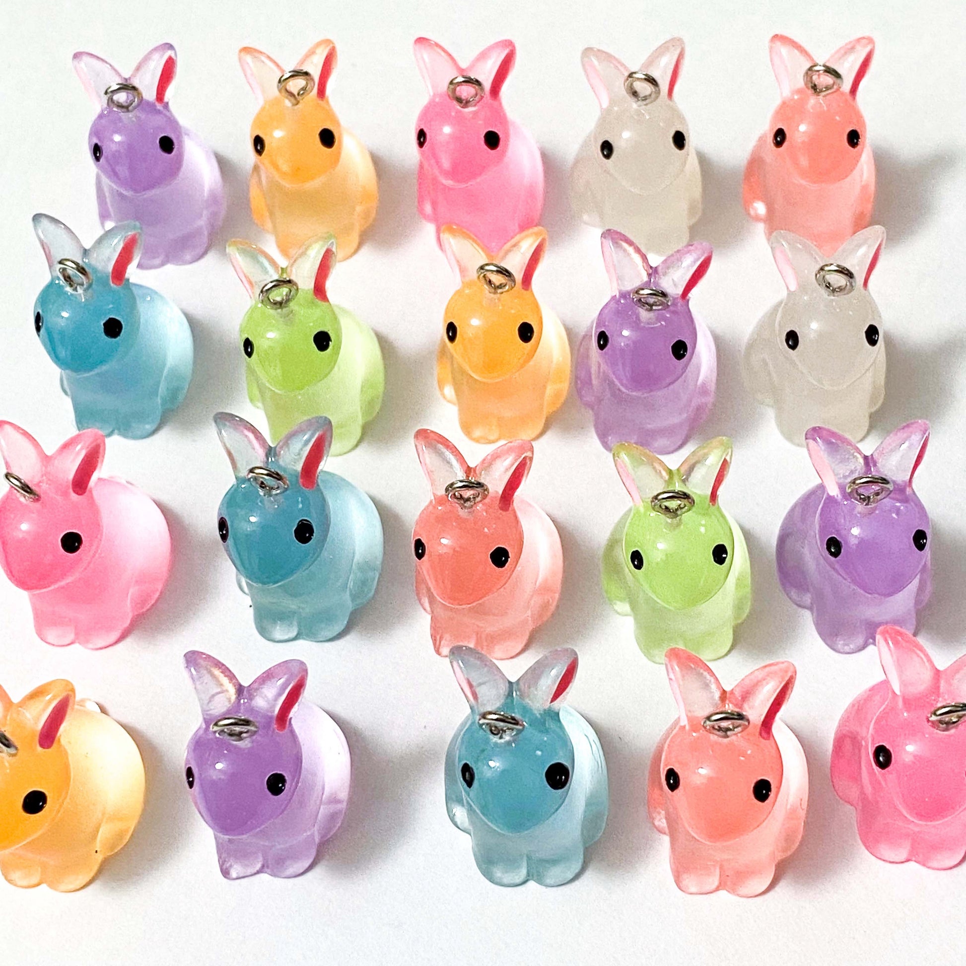 bunny rabbit rabbits bunnies resin 3d charm charms pendant pendants uk cute kawaii glow in the dark luminous pink blue yellow green clear white turquoise lilac peach orange pretty jewellery making supplies