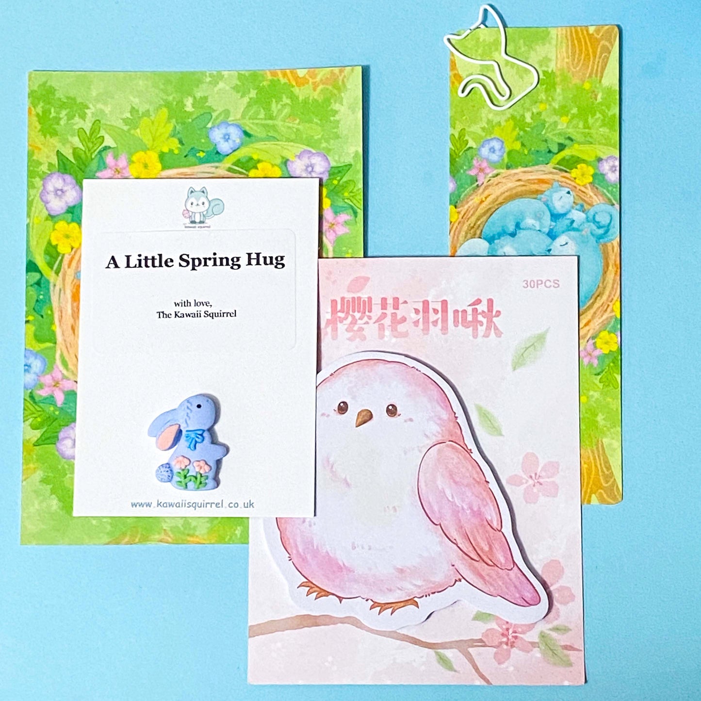 a spring stationery bundle to gift with a memo a postcard a bookmark and a pocket hug