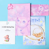 Set of cute stationery items to send as a gift with sheep memo pocket hug bookmark and pink postcard on a blue background