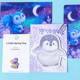 lilac and blue penguin spring stationery bundle to send as a gift with a memo, a handmade bookmark, postcard, pocket hug and paper clip
