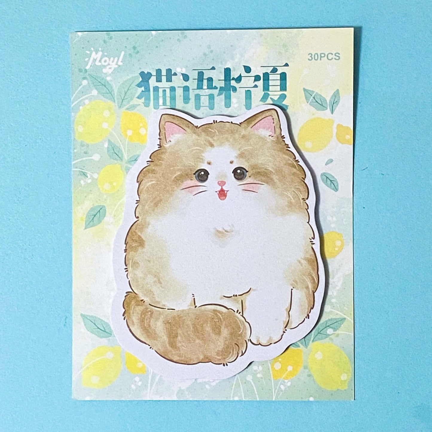 cat design sticky memo note pad on a blue background