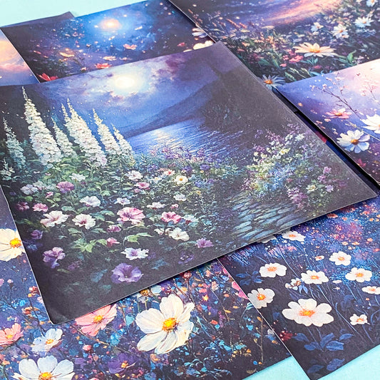 set of 8 dark cottagecore floral journalling paper sheets 150mm square for scrapbooking and ephemera