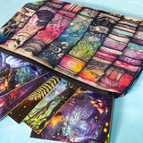 canvas pouch with colourful illustrated bookshelf design and fantasy forest postcards, book lover stationery gift set