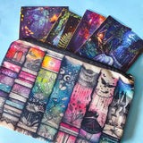 canvas pouch with colourful illustrated bookshelf design and fantasy forest postcards, book lover stationery gift set