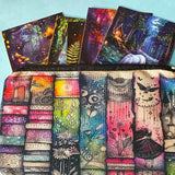 canvas pouch with colourful illustrated bookshelf design and fantasy forest postcards, book lover stationery gift set