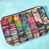 fairytale bookshelf fantasy canvas pouch with magical theme on a blue background