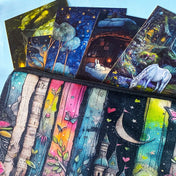 canvas make up bag filled with mystical postcards, soft pouch with storybook design