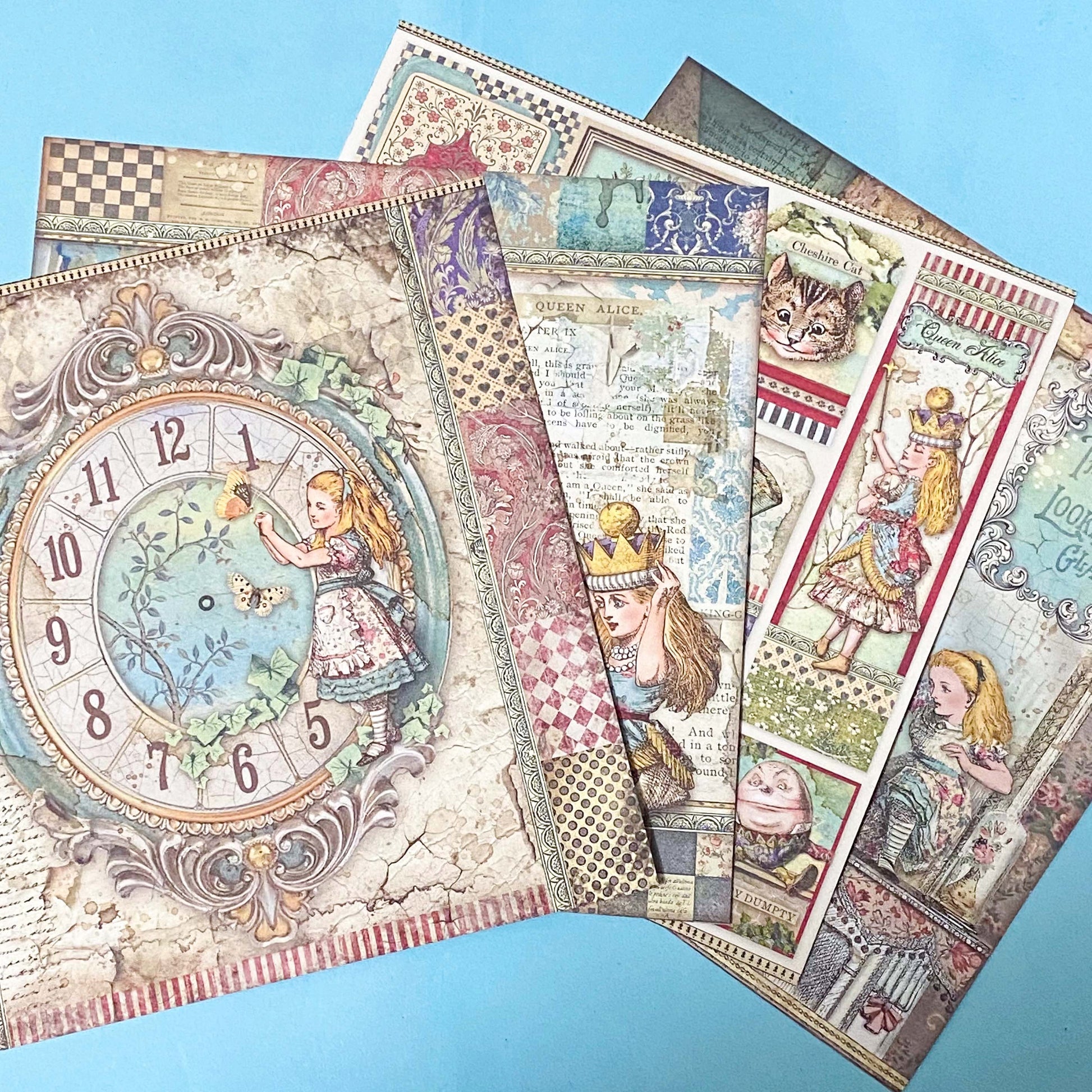 alice in wonderland thick scrapbooking paper 190gsm with vintage illustrations, tags, borders, teapots, chess boards and patterns