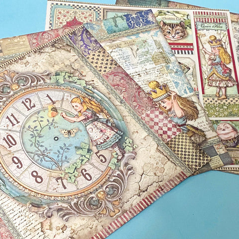 alice in wonderland thick scrapbooking paper 190gsm with vintage illustrations, tags, borders, teapots, chess boards and patterns