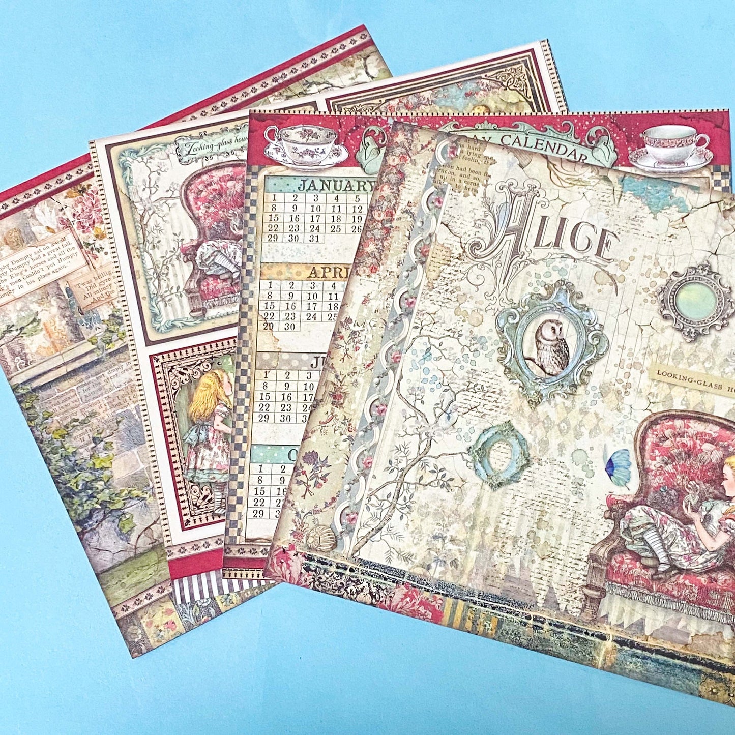 alice in wonderland thick scrapbooking paper 190gsm with vintage illustrations, tags, borders, teapots, chess boards and patterns