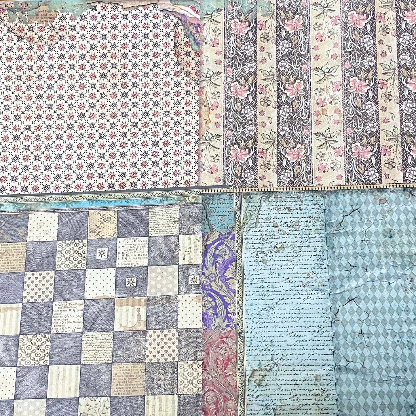alice in wonderland thick scrapbooking paper 190gsm with vintage illustrations, tags, borders, teapots, chess boards and patterns