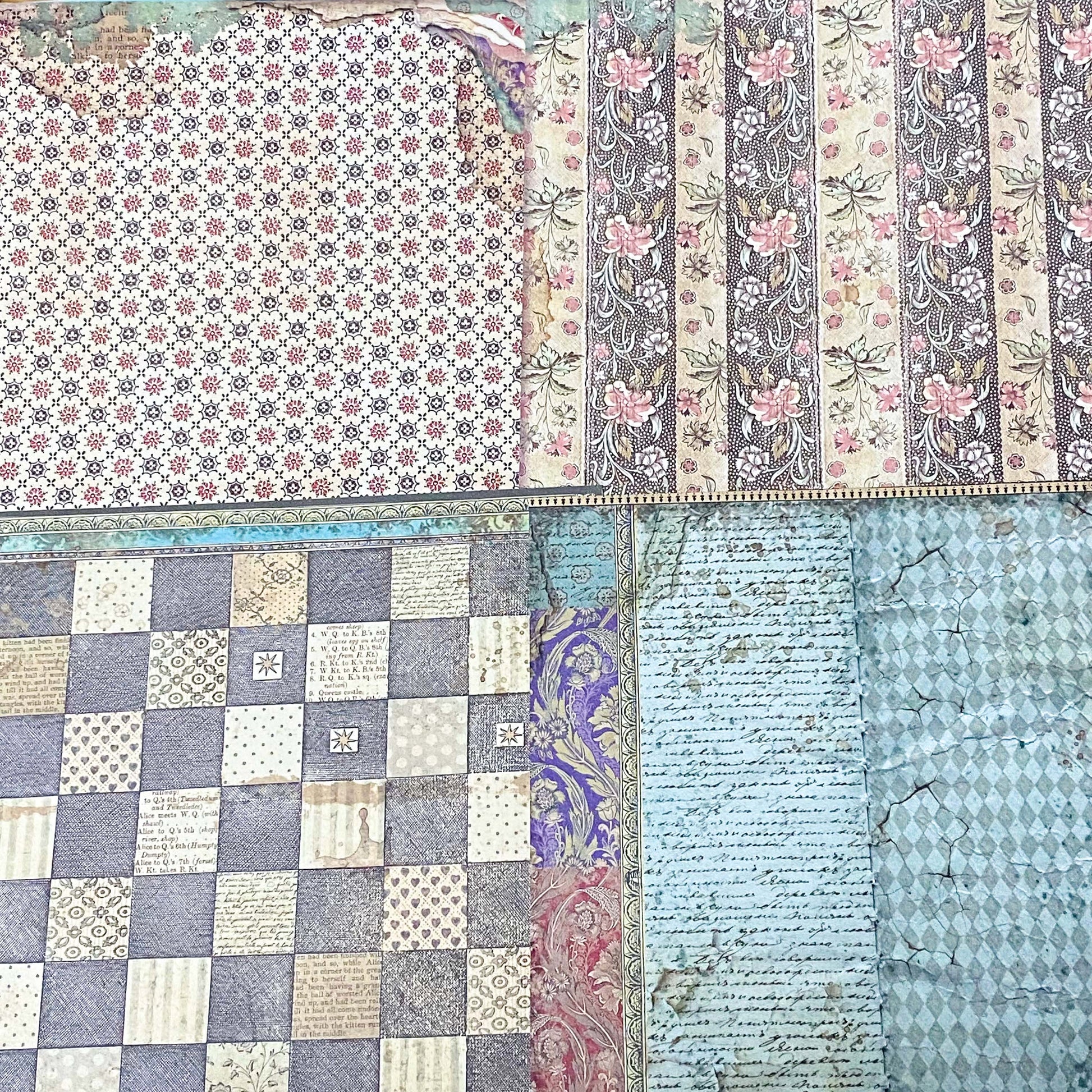 alice in wonderland thick scrapbooking paper 190gsm with vintage illustrations, tags, borders, teapots, chess boards and patterns