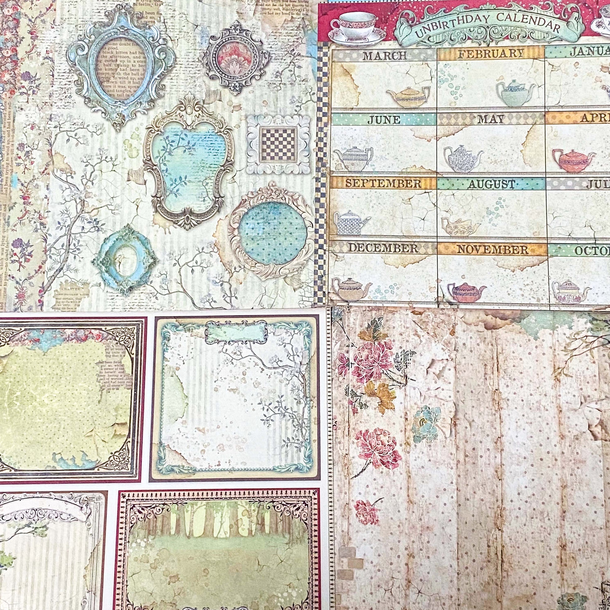 alice in wonderland thick scrapbooking paper 190gsm with vintage illustrations, tags, borders, teapots, chess boards and patterns