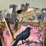 gothic raven themed letterbox gift set with ornate crow fabric pouch, gold metal pen, enamel raven pin brooch, vintage metal bookmark, dark paper stickers and scrapbook papers. Uk gift shop with mystical and witchy gifts.