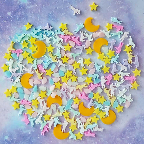 unicorn dream sprinkles sprinkle mini tiny little embellishment embellishments polymer clay uk cute kawaii craft crafts shop store pastel colours moon star moons stars unicorns cloud clouds mix