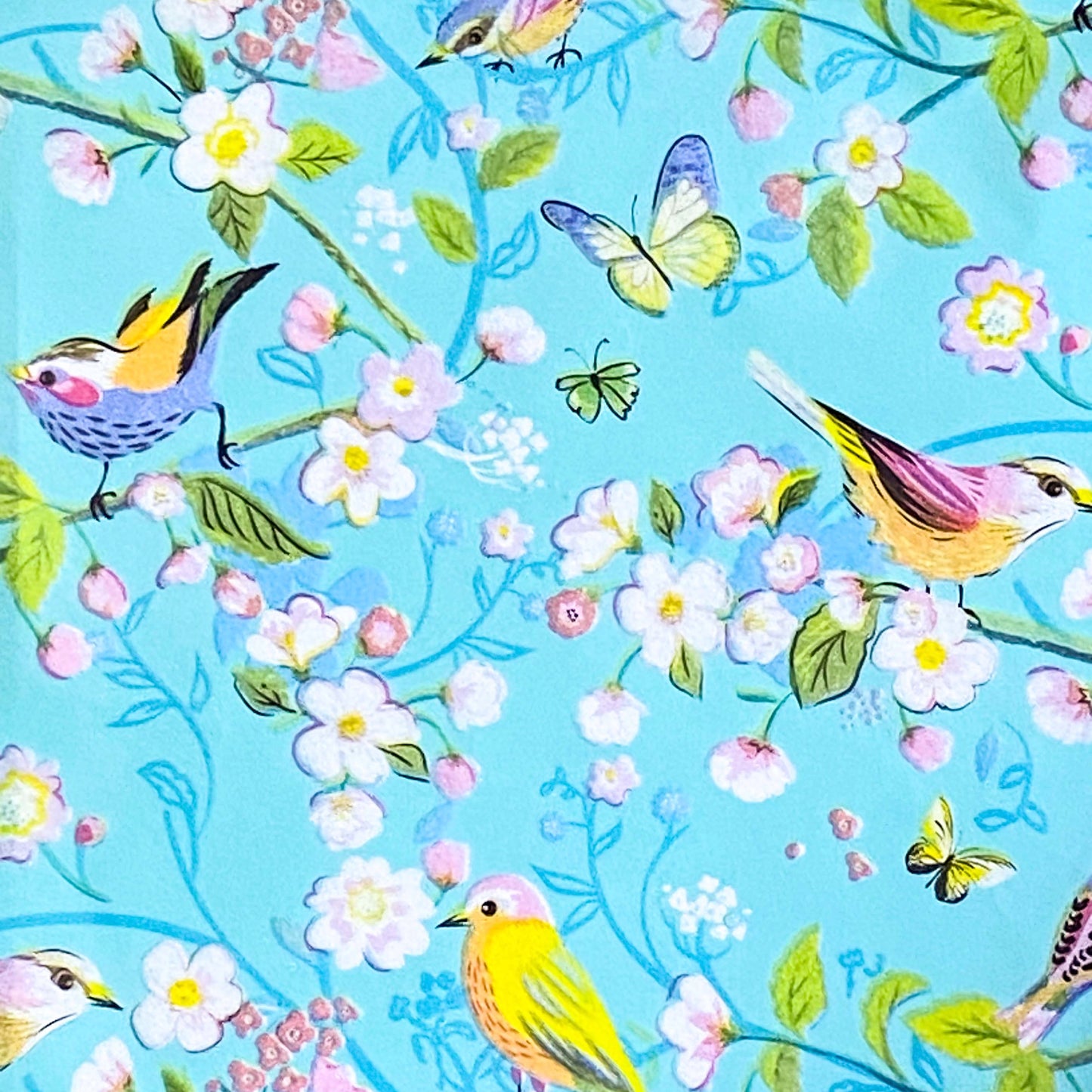 spring cherry blossom and little birds and butterflies. pretty aqua turquoise background. pink, light green and turquoise blue. uk packaging supplies