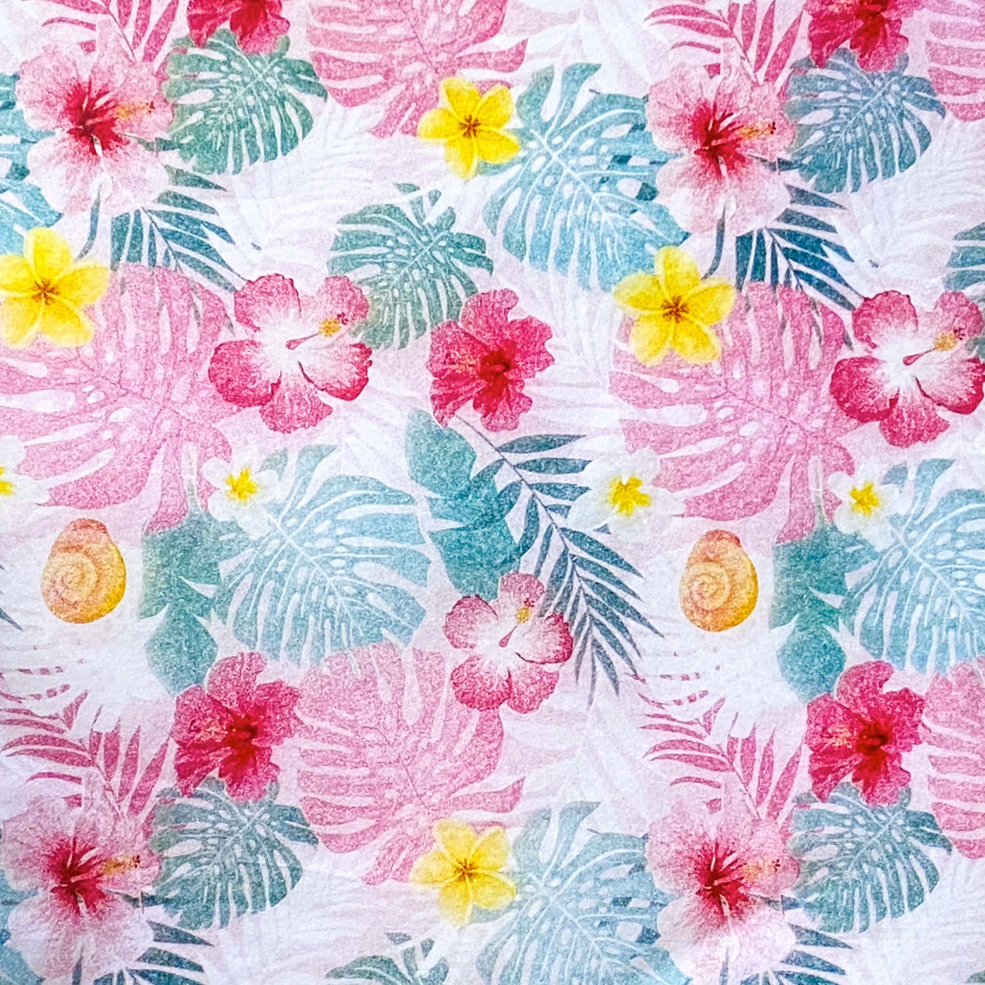 pretty tropical palm and hibiscus flowers pink, yellow and mint green tissue paper sheets. Colourful summer tissue papers pack. 