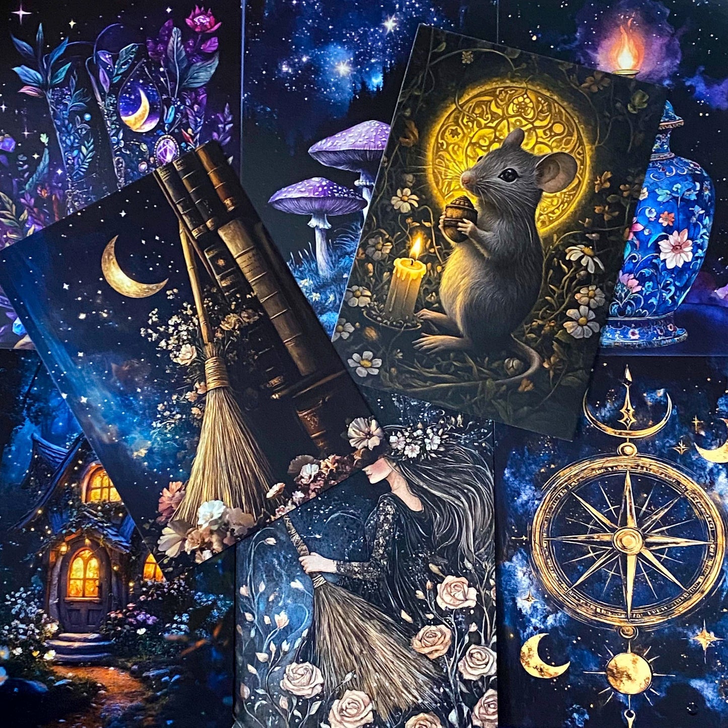 bewitched magic magical postcard post card cards uk cute kawaii witch witchcraft spooky haunted halloween individual dark deep colours purple blue yellow broom books potion mouse mice haunted house woods woodland stationery shop store pretty mushroom toadstool mushrooms lilac enchanted