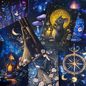 bewitched magic magical postcard post card cards uk cute kawaii witch witchcraft spooky haunted halloween individual dark deep colours purple blue yellow broom books potion mouse mice haunted house woods woodland stationery shop store pretty mushroom toadstool mushrooms lilac enchanted