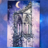 bewitched magic magical postcard post card cards uk cute kawaii witch witchcraft spooky haunted halloween individual dark deep colours purple blue yellow broom books potion mouse mice haunted house woods woodland stationery shop store pretty mushroom toadstool mushrooms lilac enchanted