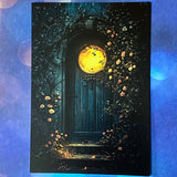 bewitched magic magical postcard post card cards uk cute kawaii witch witchcraft spooky haunted halloween individual dark deep colours purple blue yellow broom books potion mouse mice haunted house woods woodland stationery shop store pretty mushroom toadstool mushrooms lilac enchanted moon doorway