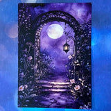 bewitched magic magical postcard post card cards uk cute kawaii witch witchcraft spooky haunted halloween individual dark deep colours purple blue yellow broom books potion mouse mice haunted house woods woodland stationery shop store pretty mushroom toadstool mushrooms lilac enchanted moon doorway