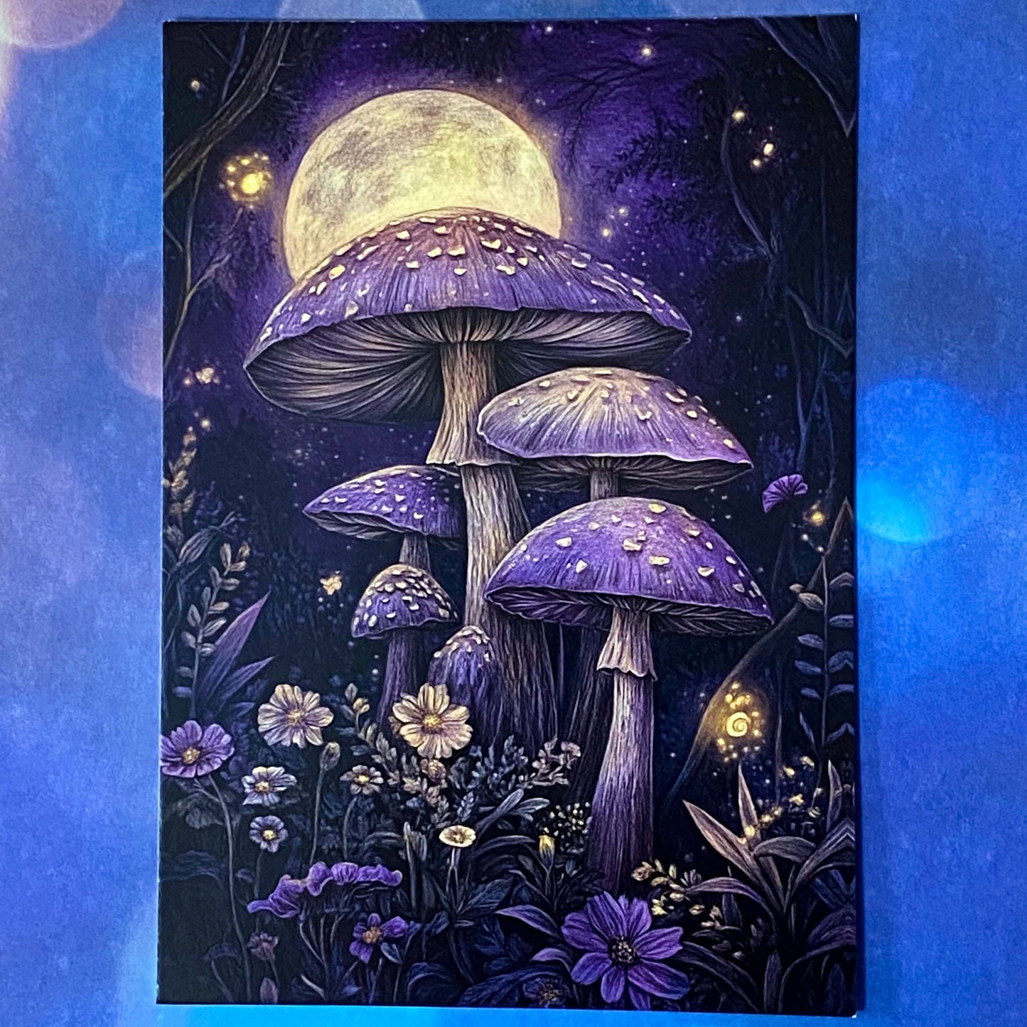 bewitched magic magical postcard post card cards uk cute kawaii witch witchcraft spooky haunted halloween individual dark deep colours purple blue yellow broom books potion mouse mice haunted house woods woodland stationery shop store pretty mushroom toadstool mushrooms lilac enchanted moon doorway