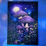 bewitched magic magical postcard post card cards uk cute kawaii witch witchcraft spooky haunted halloween individual dark deep colours purple blue yellow broom books potion mouse mice haunted house woods woodland stationery shop store pretty mushroom toadstool mushrooms lilac enchanted moon doorway
