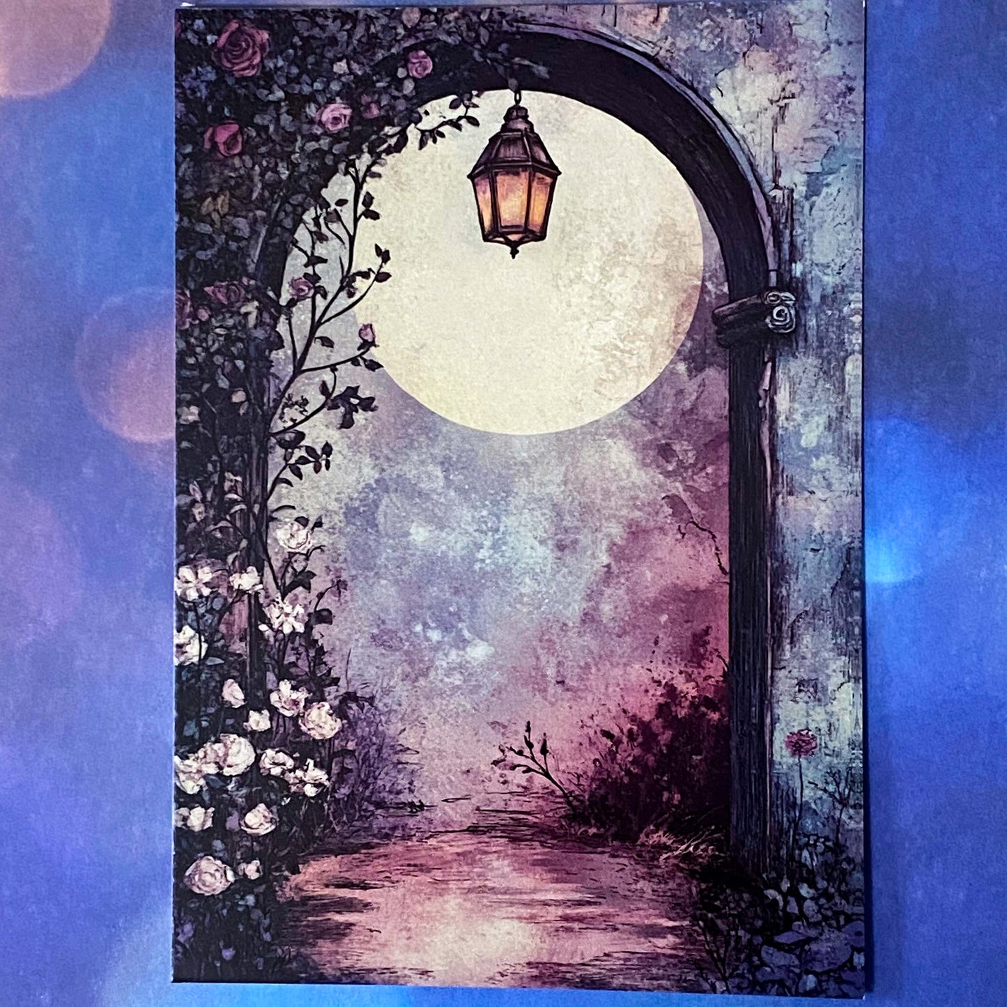 bewitched magic magical postcard post card cards uk cute kawaii witch witchcraft spooky haunted halloween individual dark deep colours purple blue yellow broom books potion mouse mice haunted house woods woodland stationery shop store pretty mushroom toadstool mushrooms lilac enchanted moon doorway