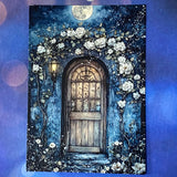 bewitched magic magical postcard post card cards uk cute kawaii witch witchcraft spooky haunted halloween individual dark deep colours purple blue yellow broom books potion mouse mice haunted house woods woodland stationery shop store pretty mushroom toadstool mushrooms lilac enchanted moon doorway