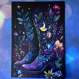 bewitched magic magical postcard post card cards uk cute kawaii witch witchcraft spooky haunted halloween individual dark deep colours purple blue yellow broom books potion mouse mice haunted house woods woodland stationery shop store pretty mushroom toadstool mushrooms lilac enchanted moon doorway