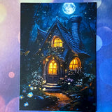 bewitched magic magical postcard post card cards uk cute kawaii witch witchcraft spooky haunted halloween individual dark deep colours purple blue yellow broom books potion mouse mice haunted house woods woodland stationery shop store pretty mushroom toadstool mushrooms lilac enchanted moon doorway