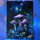 bewitched magic magical postcard post card cards uk cute kawaii witch witchcraft spooky haunted halloween individual dark deep colours purple blue yellow broom books potion mouse mice haunted house woods woodland stationery shop store pretty mushroom toadstool mushrooms lilac enchanted moon doorway