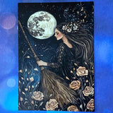 bewitched magic magical postcard post card cards uk cute kawaii witch witchcraft spooky haunted halloween individual dark deep colours purple blue yellow broom books potion mouse mice haunted house woods woodland stationery shop store pretty mushroom toadstool mushrooms lilac enchanted moon doorway