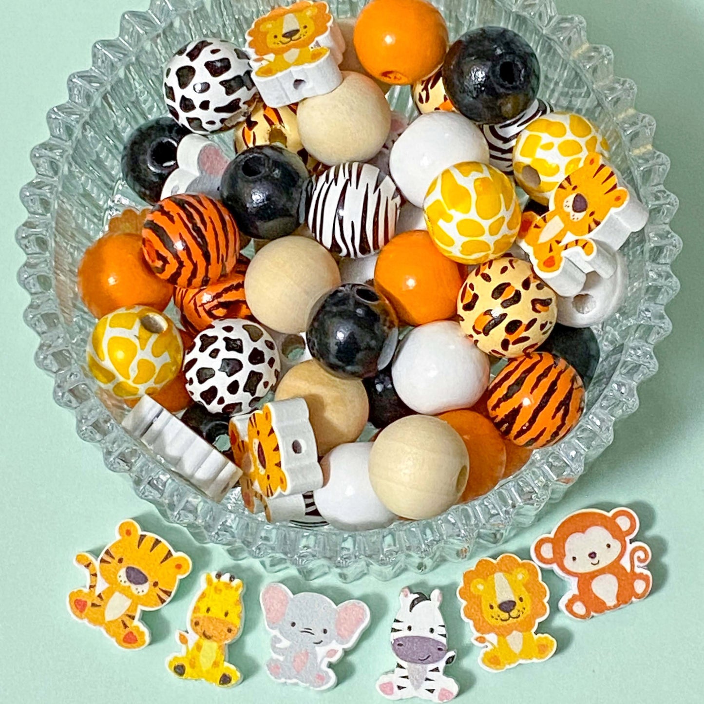 jumbo animal animals wild zoo wood wooden bead beads large big very huge 15mm 16mm 20mm zebra lion tiger elephant monkey giraffe white wood 3d chunky build your own pen pens beaded jewellery making craft supplies shop store uk crafts kids yellow orange brown black white print pattern
