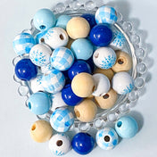 natural wood wooden round 15mm 16mm chunky large big bead beads uk cute kawaii craft supplies shop store jewellery making winter snow snowy christmas festive blue white navy plaid checked patterned snowflake snowflakes