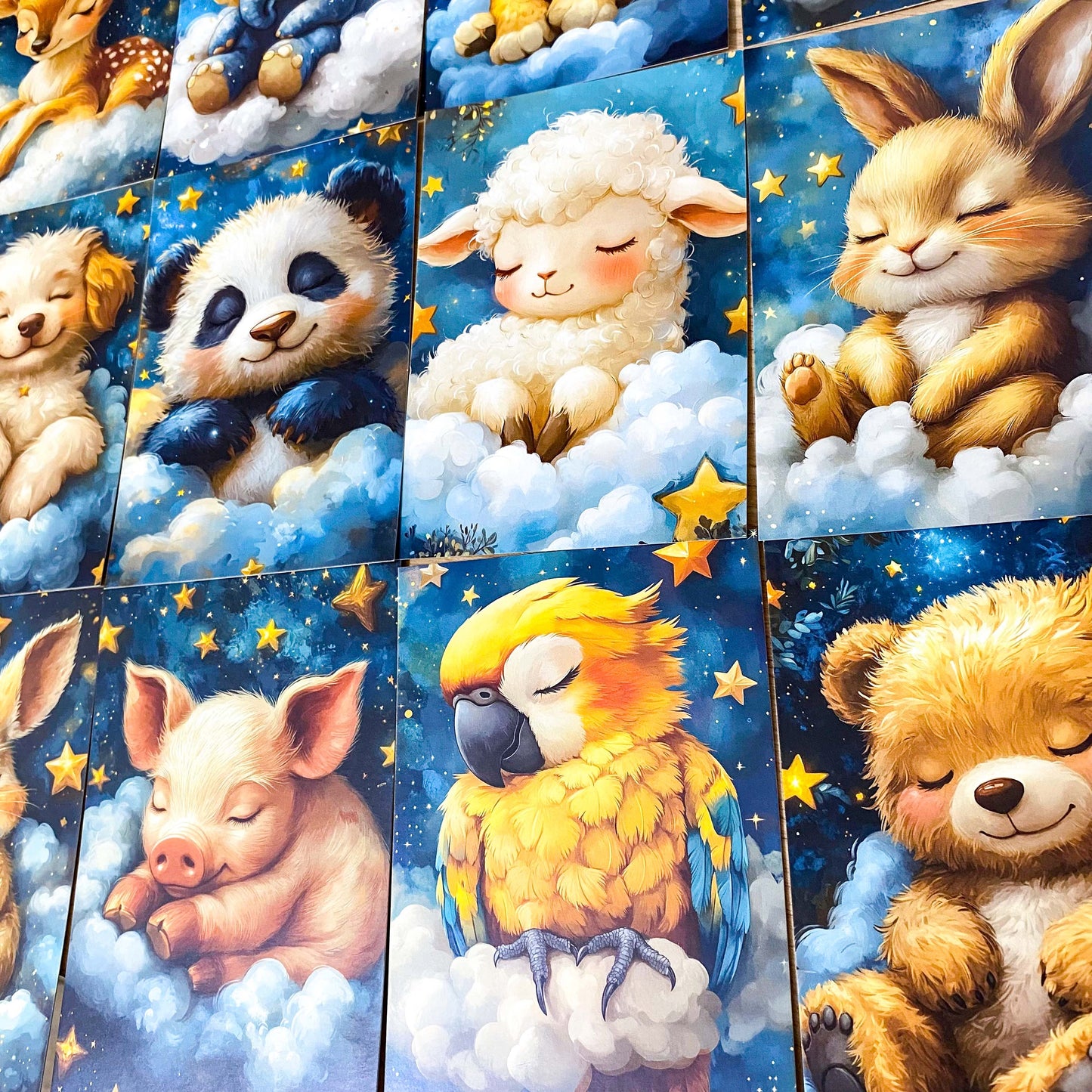dreaming on a cloud pretty animal postcard postcards post card cards uk cute kawaii stationery shop store planner addict blue gold clouds night sky hare rabbit koala bear pig parrot panda mouse dog puppy giraffe elephant lion individual sleepy sleeping night