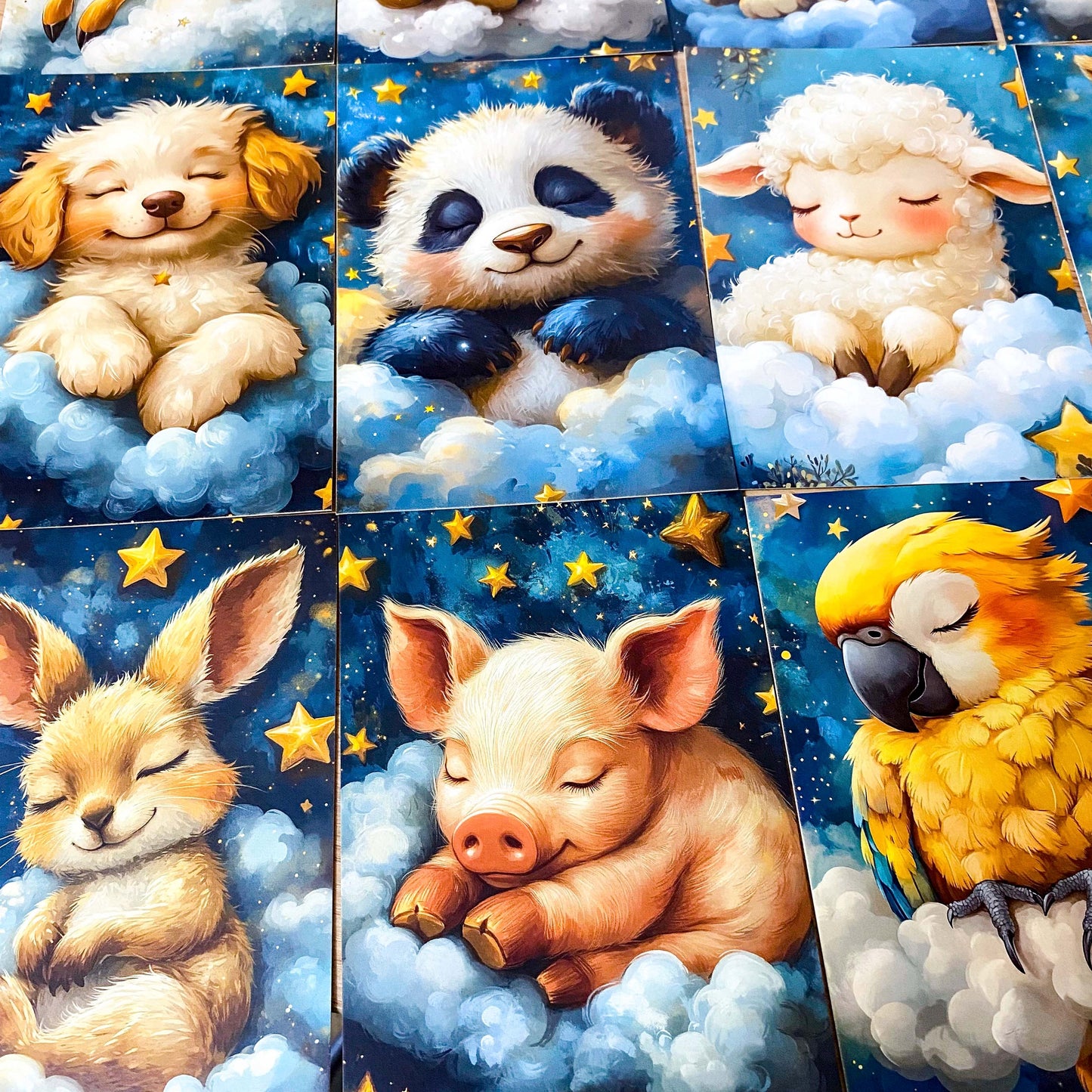 dreaming on a cloud pretty animal postcard postcards post card cards uk cute kawaii stationery shop store planner addict blue gold clouds night sky hare rabbit koala bear pig parrot panda mouse dog puppy giraffe elephant lion individual sleepy sleeping night