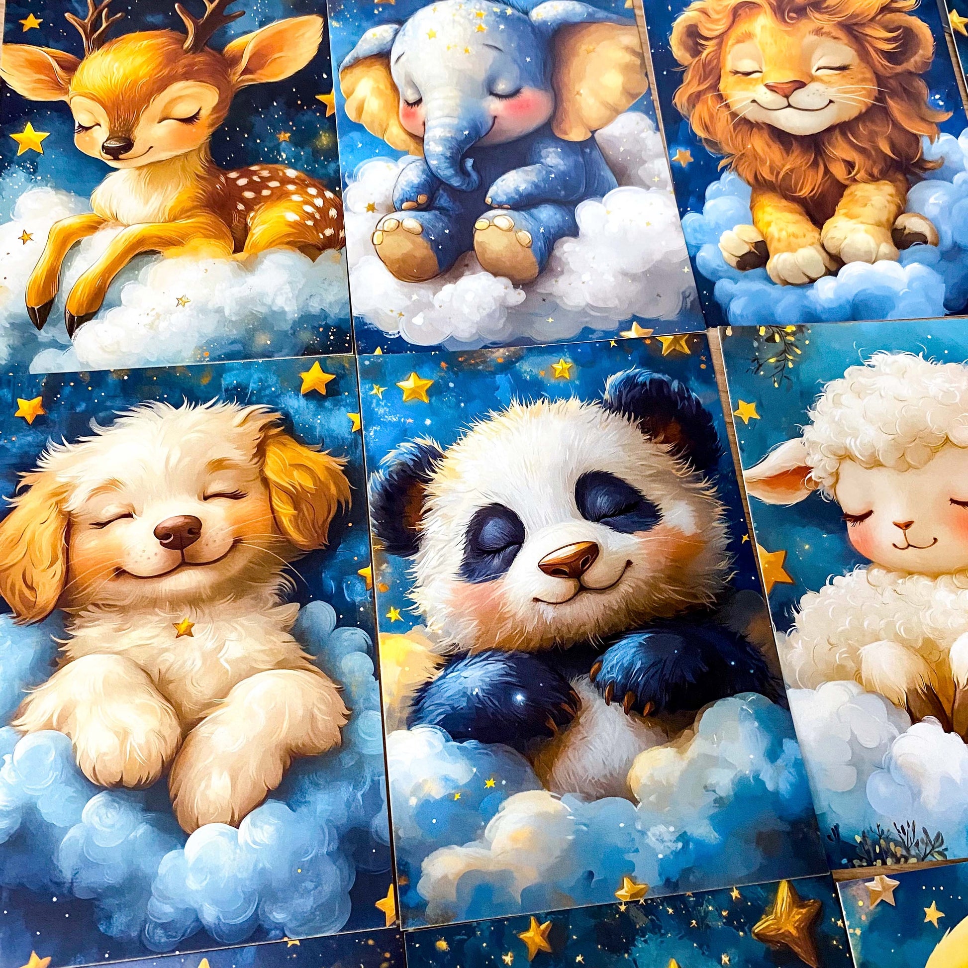 dreaming on a cloud pretty animal postcard postcards post card cards uk cute kawaii stationery shop store planner addict blue gold clouds night sky hare rabbit koala bear pig parrot panda mouse dog puppy giraffe elephant lion individual sleepy sleeping night