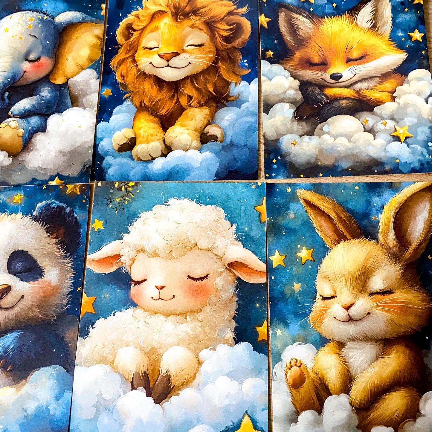 dreaming on a cloud pretty animal postcard postcards post card cards uk cute kawaii stationery shop store planner addict blue gold clouds night sky hare rabbit koala bear pig parrot panda mouse dog puppy giraffe elephant lion individual sleepy sleeping night