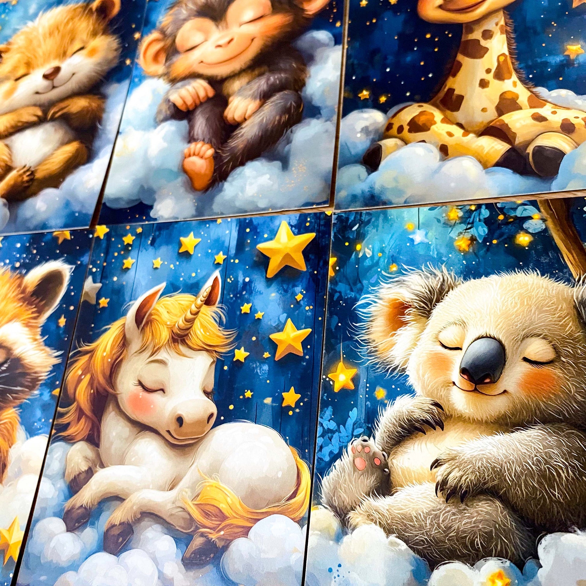 dreaming on a cloud pretty animal postcard postcards post card cards uk cute kawaii stationery shop store planner addict blue gold clouds night sky hare rabbit koala bear pig parrot panda mouse dog puppy giraffe elephant lion individual sleepy sleeping night