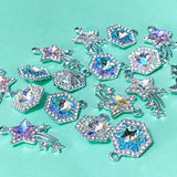 sparkly rhinestone rhinestones charm charms glitter glittery silver tone metal large big jumbo 20mm 31mm shooting star stars hexagon hexagonal glass faceted jewellery making craft supplies shop store clear blue turquoise pink purple lilac yellow 