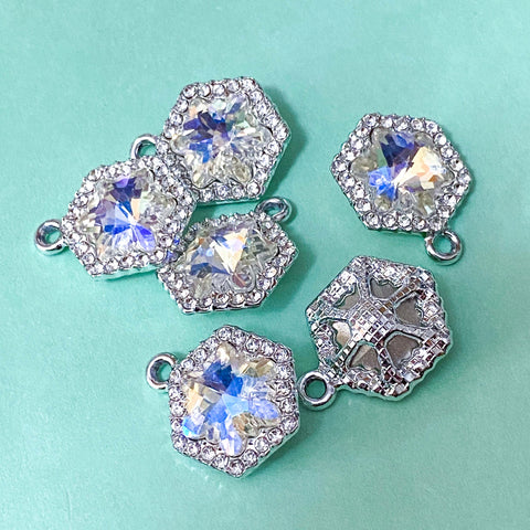 sparkly rhinestone rhinestones charm charms glitter glittery silver tone metal large big jumbo 20mm 31mm shooting star stars hexagon hexagonal glass faceted jewellery making craft supplies shop store clear blue turquoise pink purple lilac yellow 