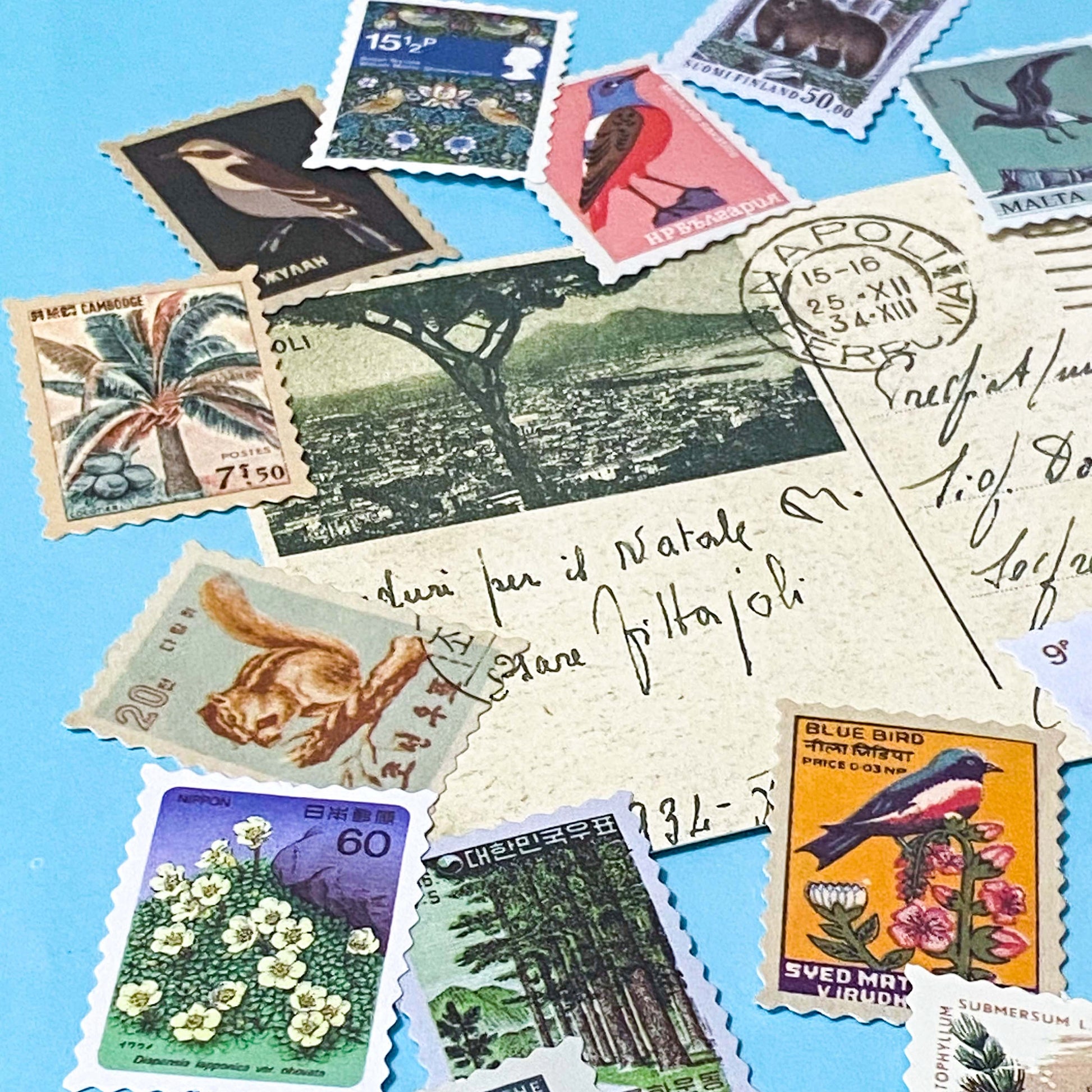 set of vintage style postage stamp stickers featuring birds, animals and plants on matte paper for journalling and scrapbooking