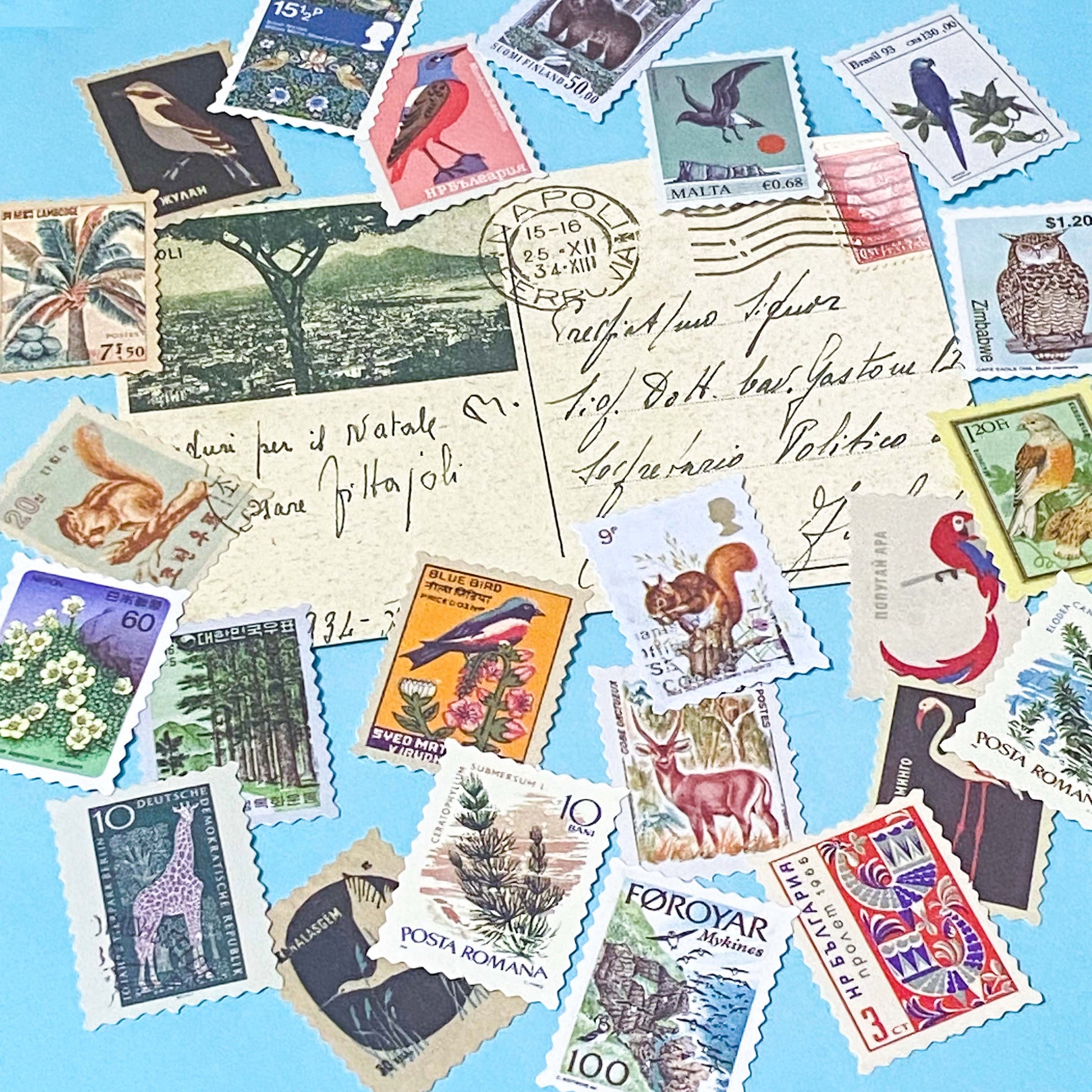 set of vintage style postage stamp stickers featuring birds, animals and plants on matte paper for journalling and scrapbooking